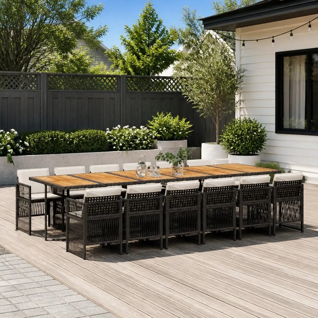 Garden Dining Set 13 Piece Outdoor Furniture PE Rattan Black Acacia Wood Table Padded Cushions