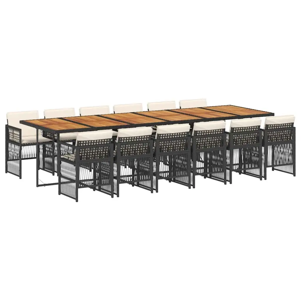 Garden Dining Set 13 Piece Outdoor Furniture PE Rattan Black Acacia Wood Table Padded Cushions