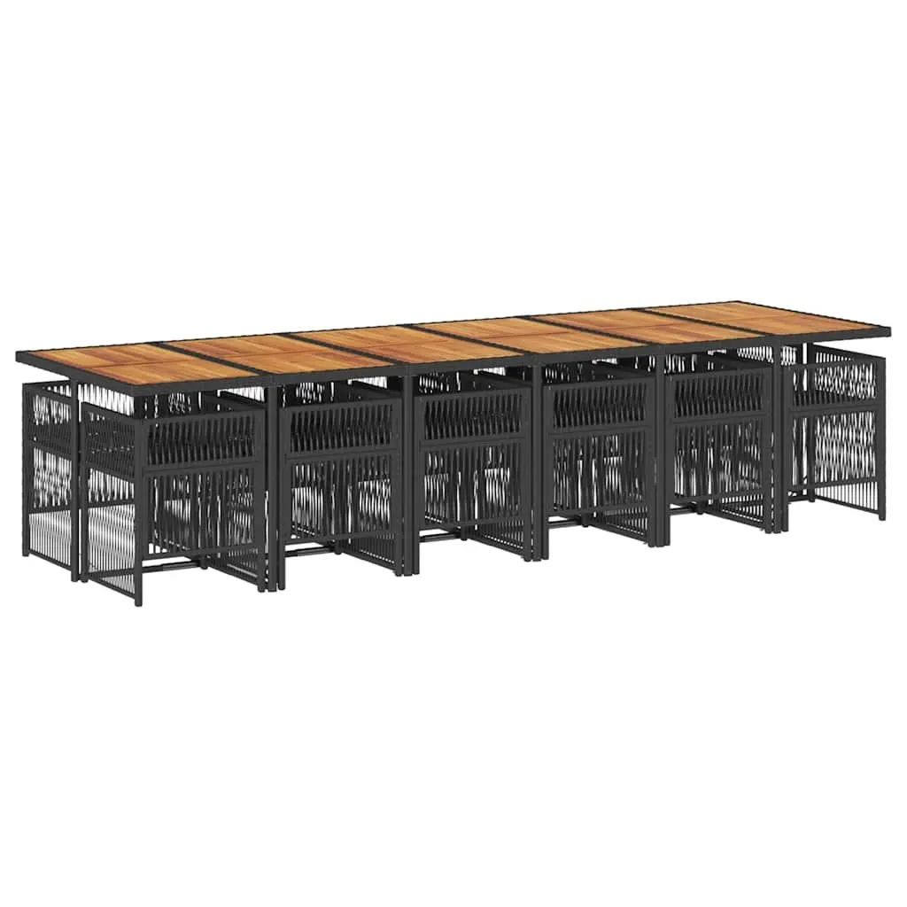 Garden Dining Set 13 Piece Outdoor Furniture PE Rattan Black Acacia Wood Table Padded Cushions