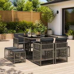 9 Piece Garden Dining Set Grey PE Rattan Chairs Table Cushions Outdoor Patio
