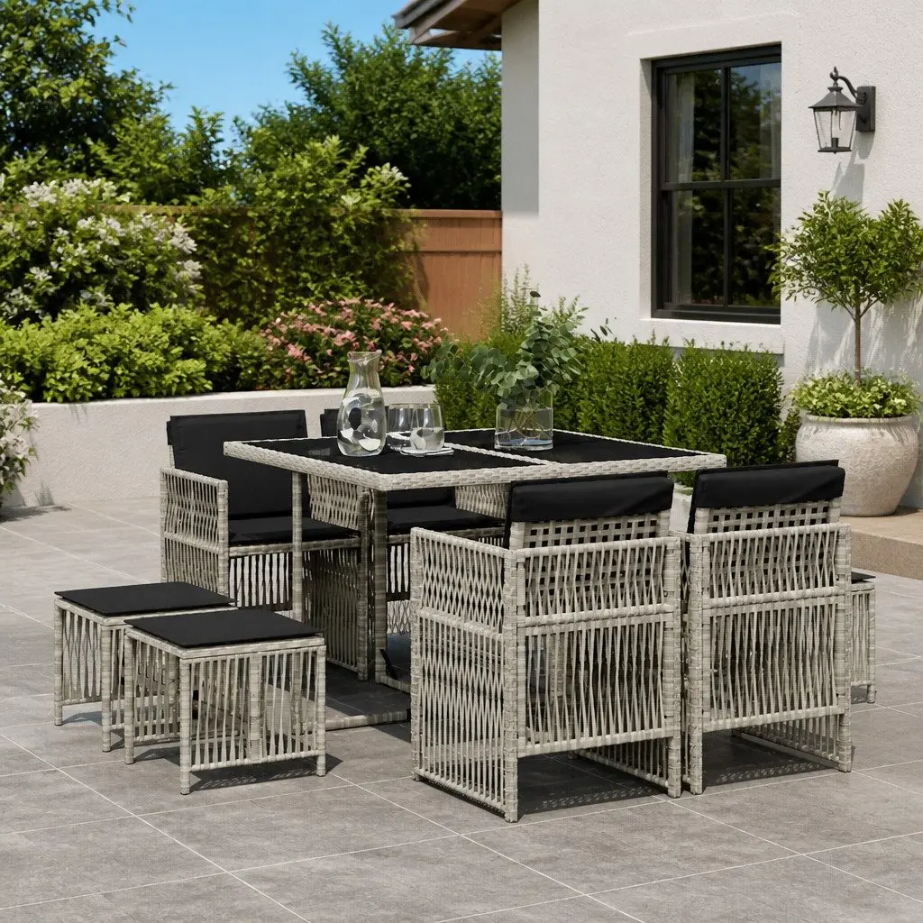 Outdoor Dining Set 9 Piece Grey Poly Rattan Garden Furniture with Cushions
