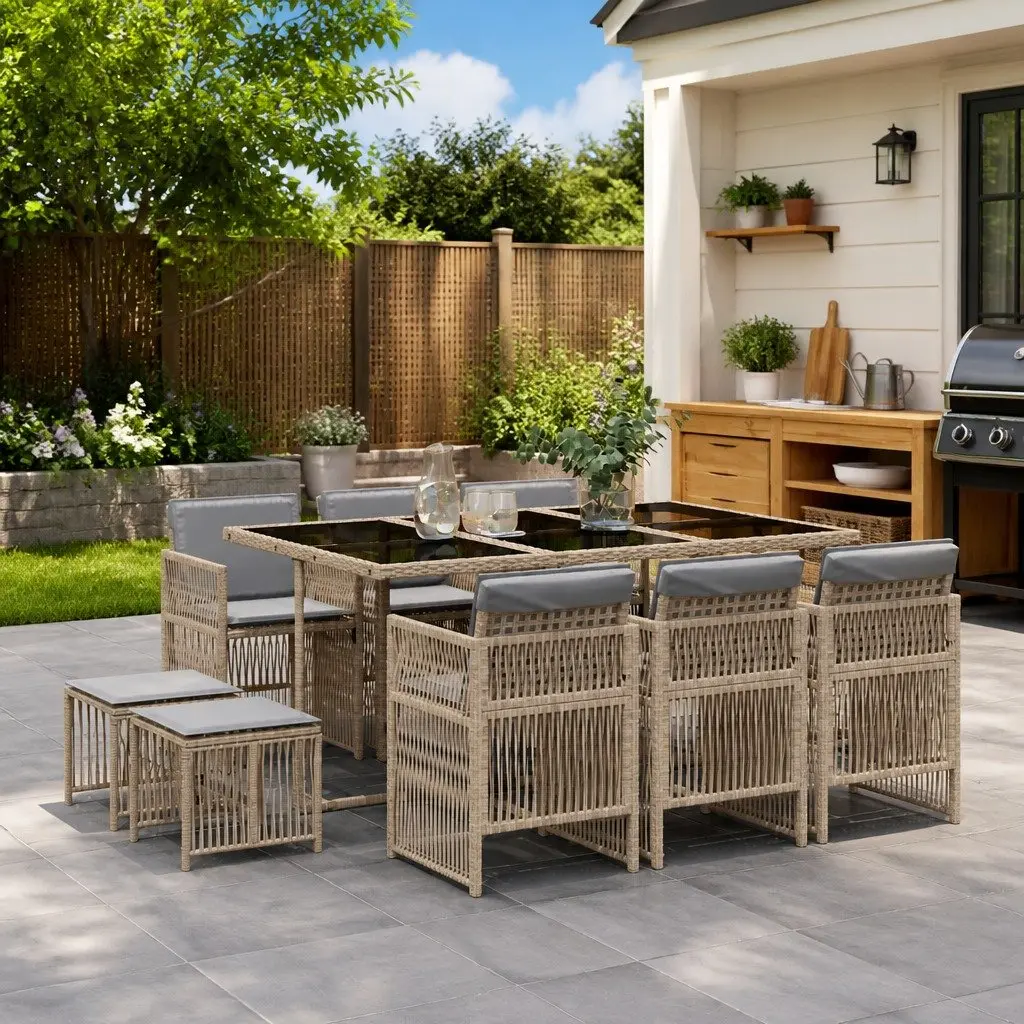Outdoor Garden Dining Set 11 Piece Poly Rattan Patio Furniture with Cushions