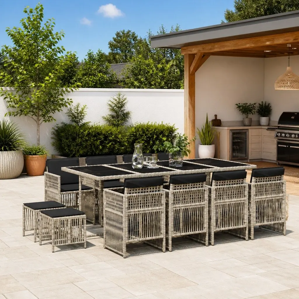 Garden Dining Set 13 Piece PE Rattan Outdoor Furniture Grey with Tempered Glass Table and Padded Cushions