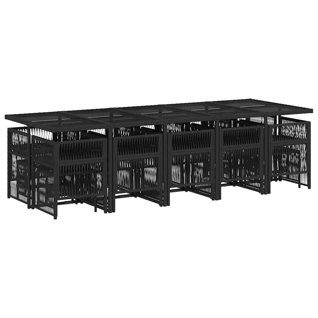 Garden Dining Set 15 Piece PE Rattan Outdoor Furniture Black with Tempered Glass Table and Padded Cushions