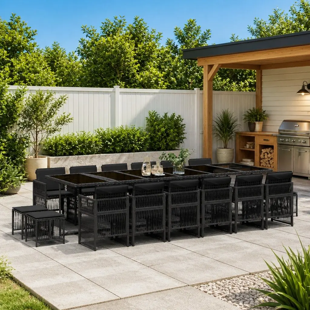 17 Piece Outdoor Garden Dining Set PE Rattan Black Cushions Table Chairs