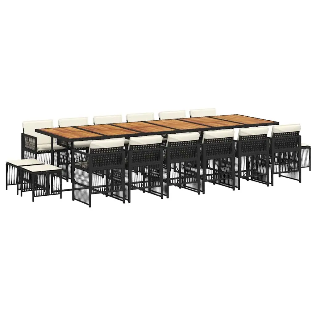 Garden Dining Set 17 Piece Poly Rattan Black Outdoor Furniture with Acacia Wood Table and Cushions
