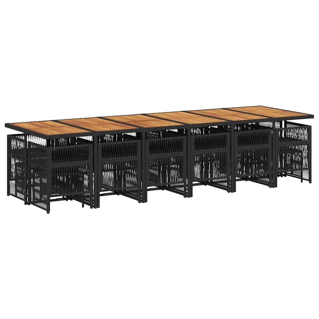 Garden Dining Set 17 Piece Poly Rattan Black Outdoor Furniture with Acacia Wood Table and Cushions