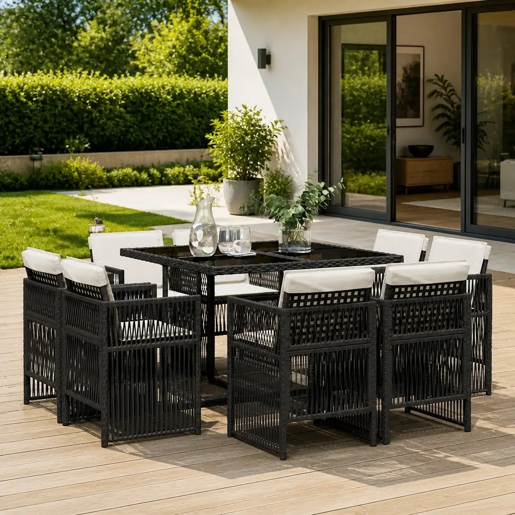 9 Piece Outdoor Garden Dining Set Black Poly Rattan Chairs Table Cushions