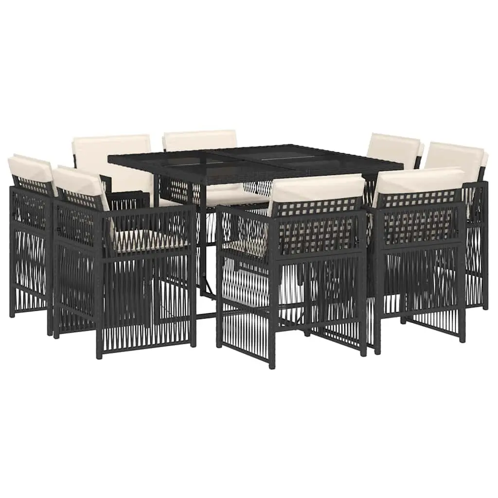 9 Piece Outdoor Garden Dining Set Black Poly Rattan Chairs Table Cushions