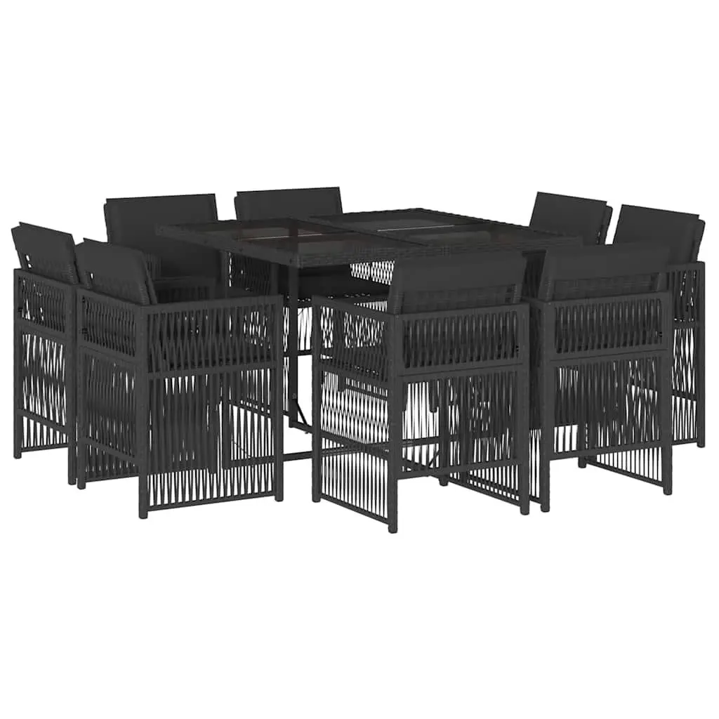9 Piece Patio Dining Set Black PE Rattan Garden Furniture with Foldable Chairs and Tempered Glass Table