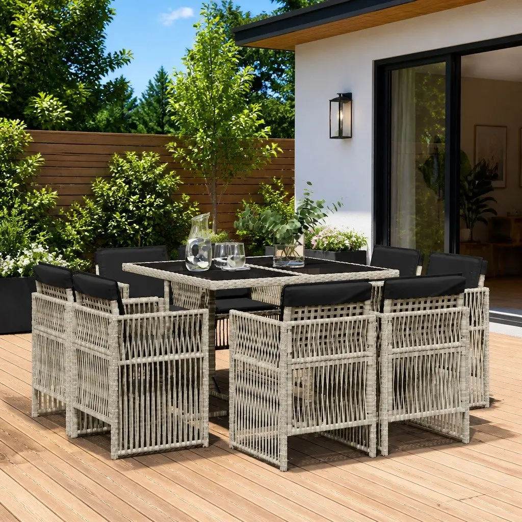 9 Piece Outdoor Dining Set Light Grey PE Rattan Furniture with Cushions and Tempered Glass Table for Patio Garden