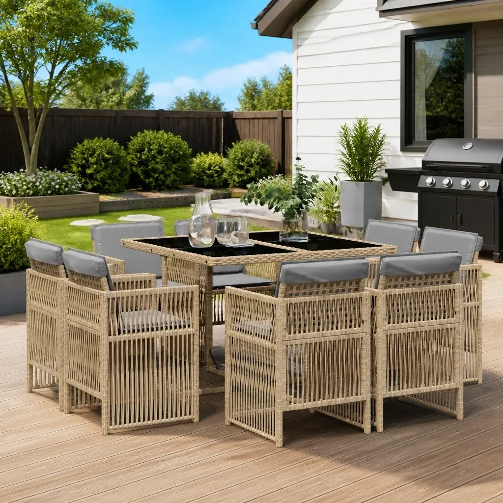 Beige Patio Furniture Set Poly Rattan Outdoor Dining Table with Cushions 9 Piece Configuration