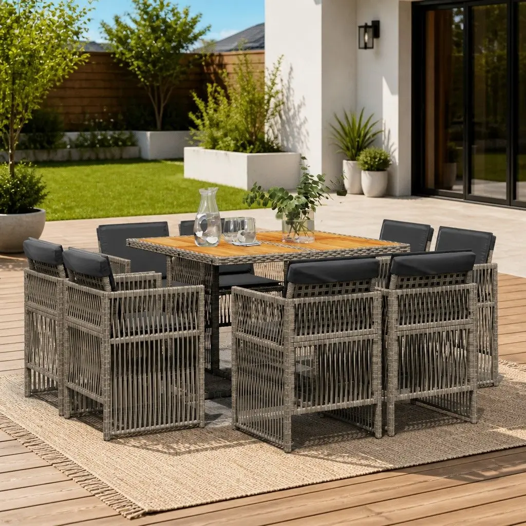 Outdoor Dining Set 9 Piece Grey Poly Rattan Furniture Table with Cushions and Chairs