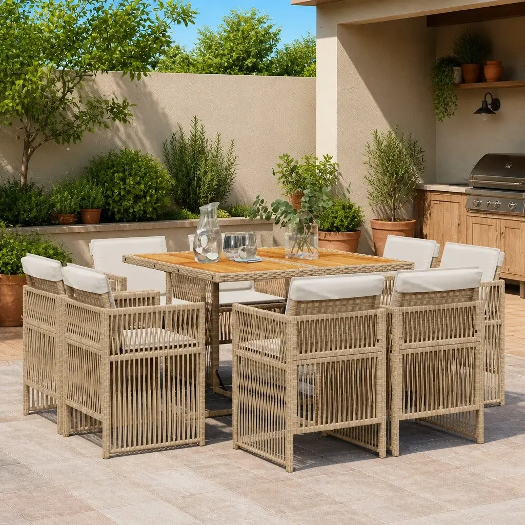 Garden Dining Set 9 Piece Outdoor Furniture with Cushions Beige Poly Rattan