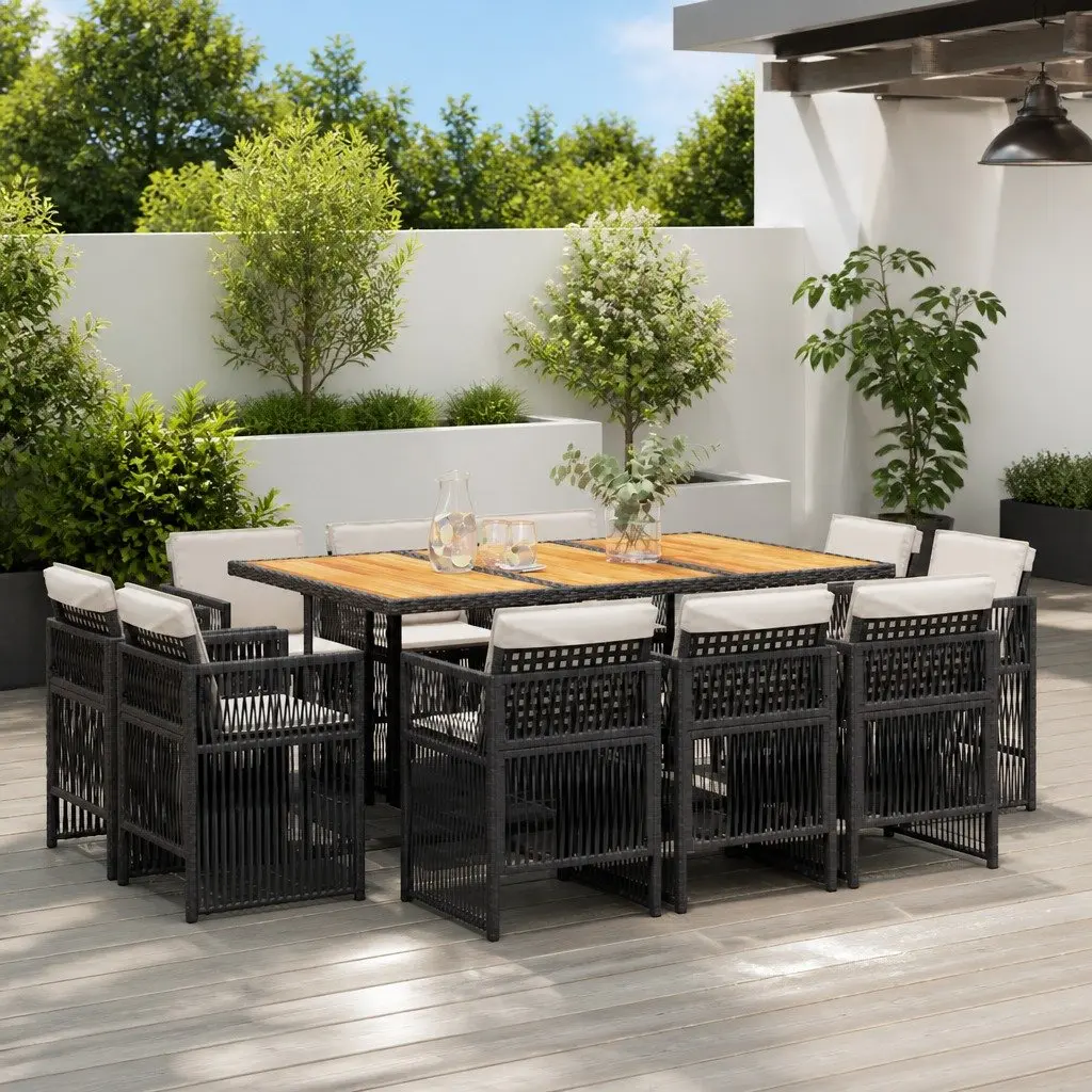 11 Piece Outdoor Dining Set PE Rattan Black with Acacia Wood Table and Cushions