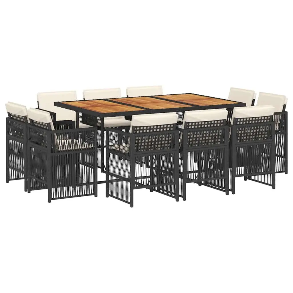 11 Piece Outdoor Dining Set PE Rattan Black with Acacia Wood Table and Cushions