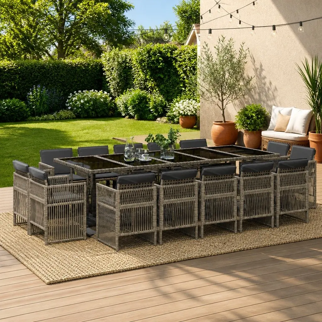 Garden Dining Set 15 Piece PE Rattan Grey Outdoor Furniture Patio Table Chairs
