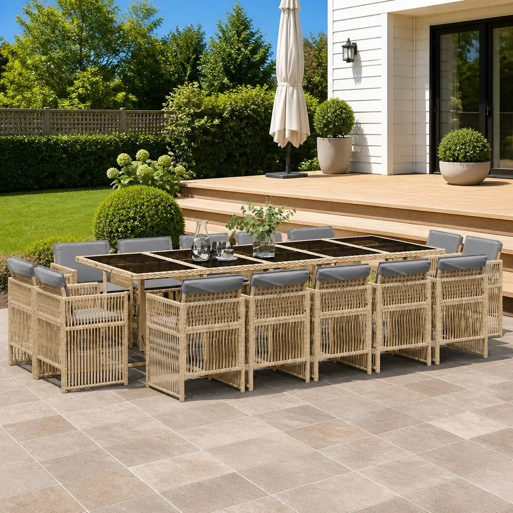 Garden Dining Set PE Rattan 15 Piece Outdoor Furniture Beige