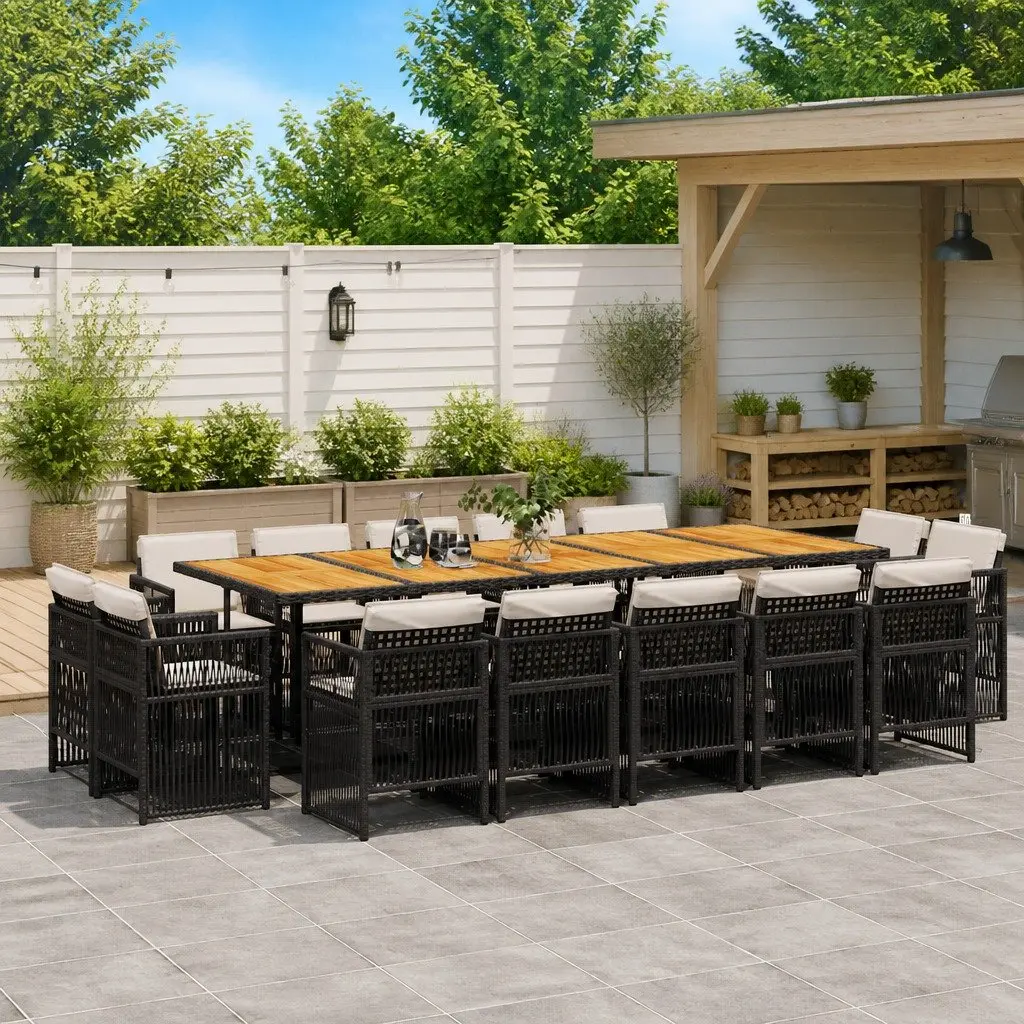 Garden Dining Set 15 Piece Black PE Rattan Outdoor Furniture with Acacia Wood Table and Cushions