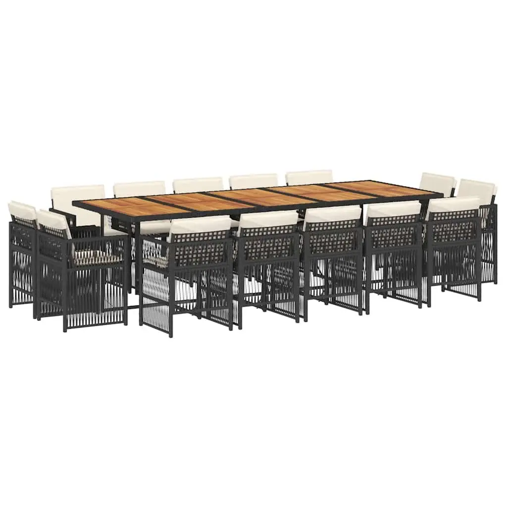 Garden Dining Set 15 Piece Black PE Rattan Outdoor Furniture with Acacia Wood Table and Cushions