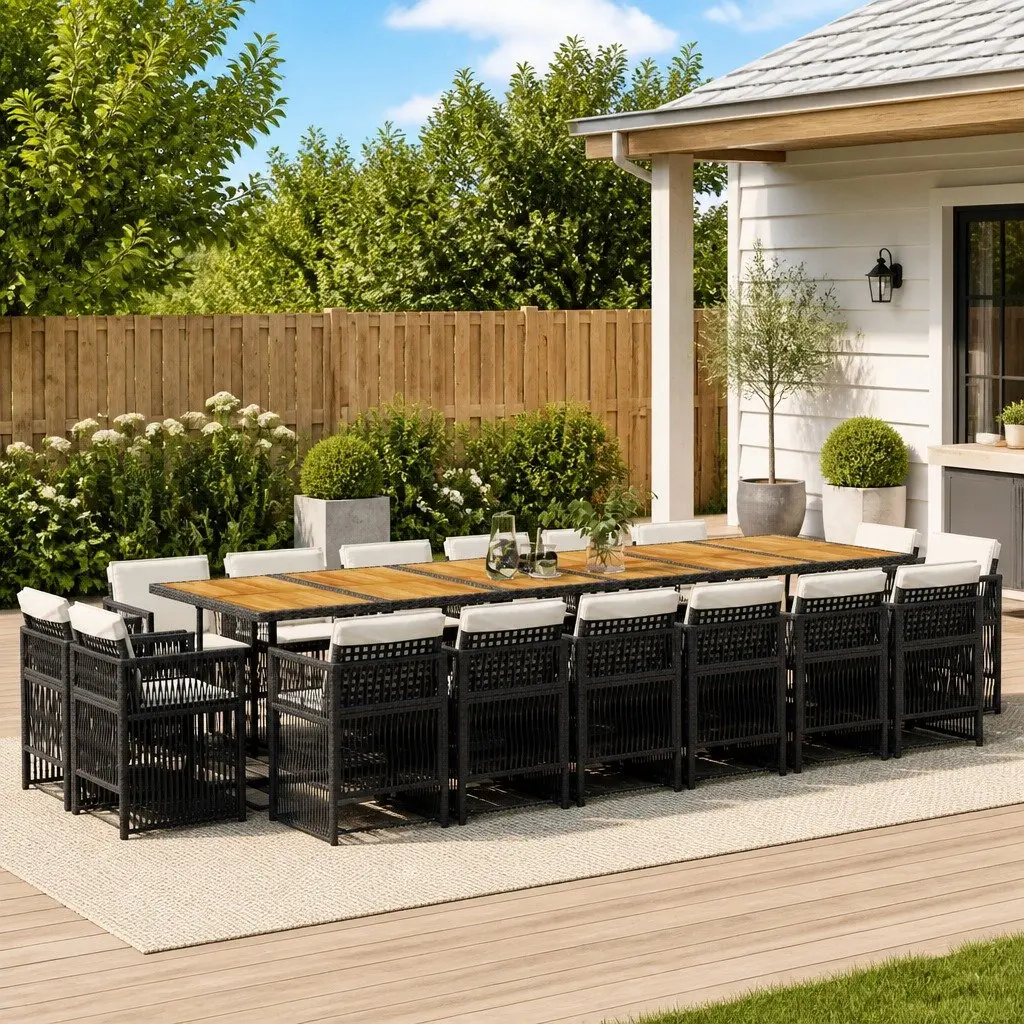 Garden Dining Set 17 Piece Outdoor Furniture PE Rattan Black Acacia Wood Table