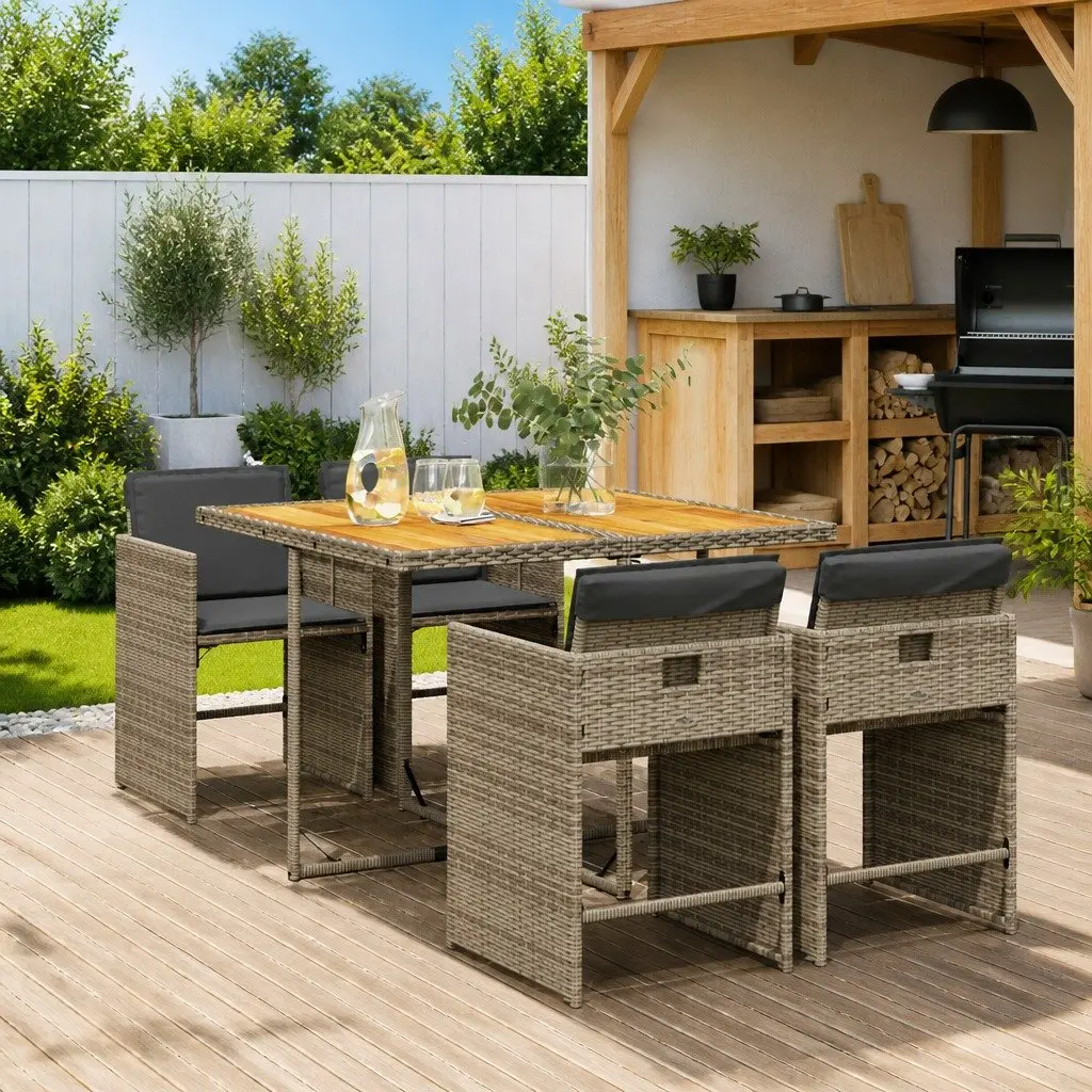 5 Piece Outdoor Garden Dining Set PE Rattan Grey with Acacia Wood Table and Padded Cushions