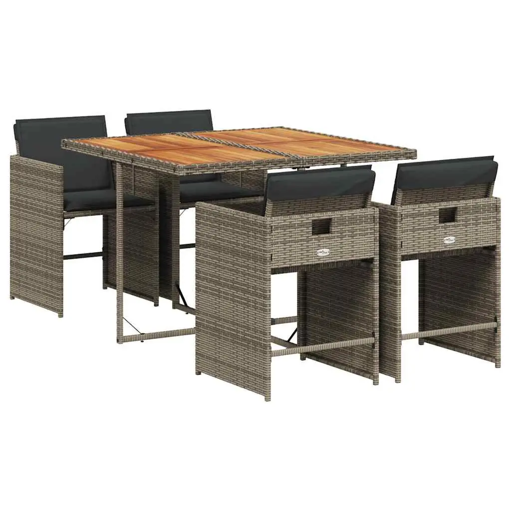 5 Piece Outdoor Garden Dining Set PE Rattan Grey with Acacia Wood Table and Padded Cushions