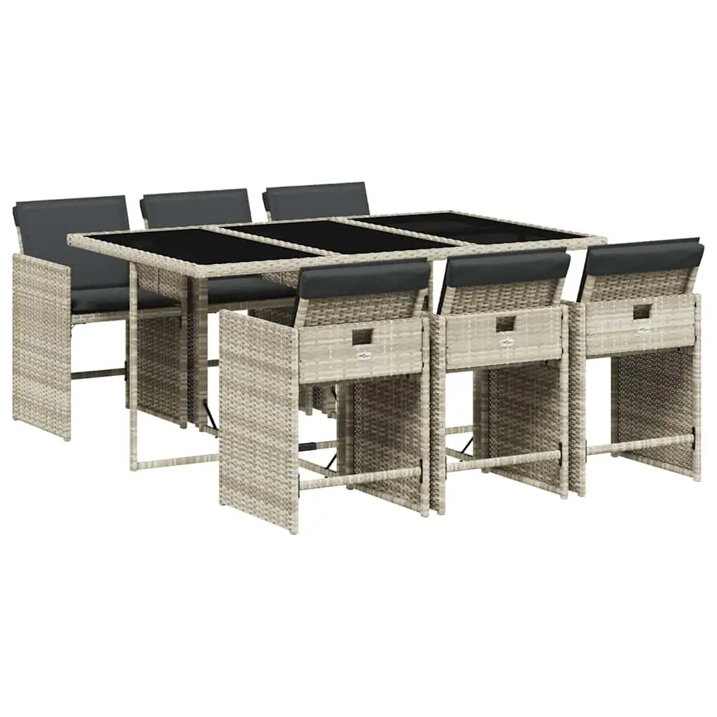 7 Piece Garden Dining Set PE Rattan Grey with Cushions Tempered Glass Table