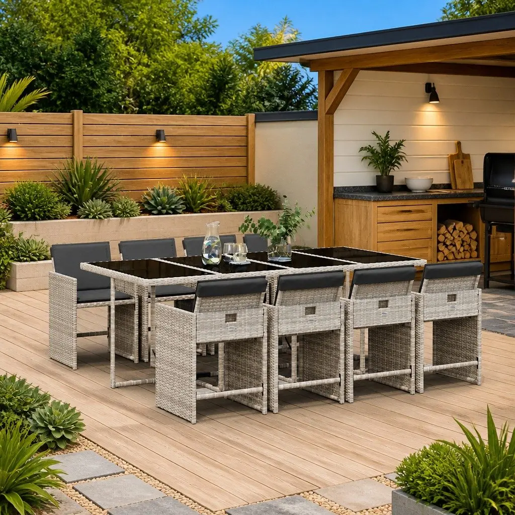 Garden Dining Set 9 Piece Outdoor Furniture Grey Poly Rattan Chairs Table