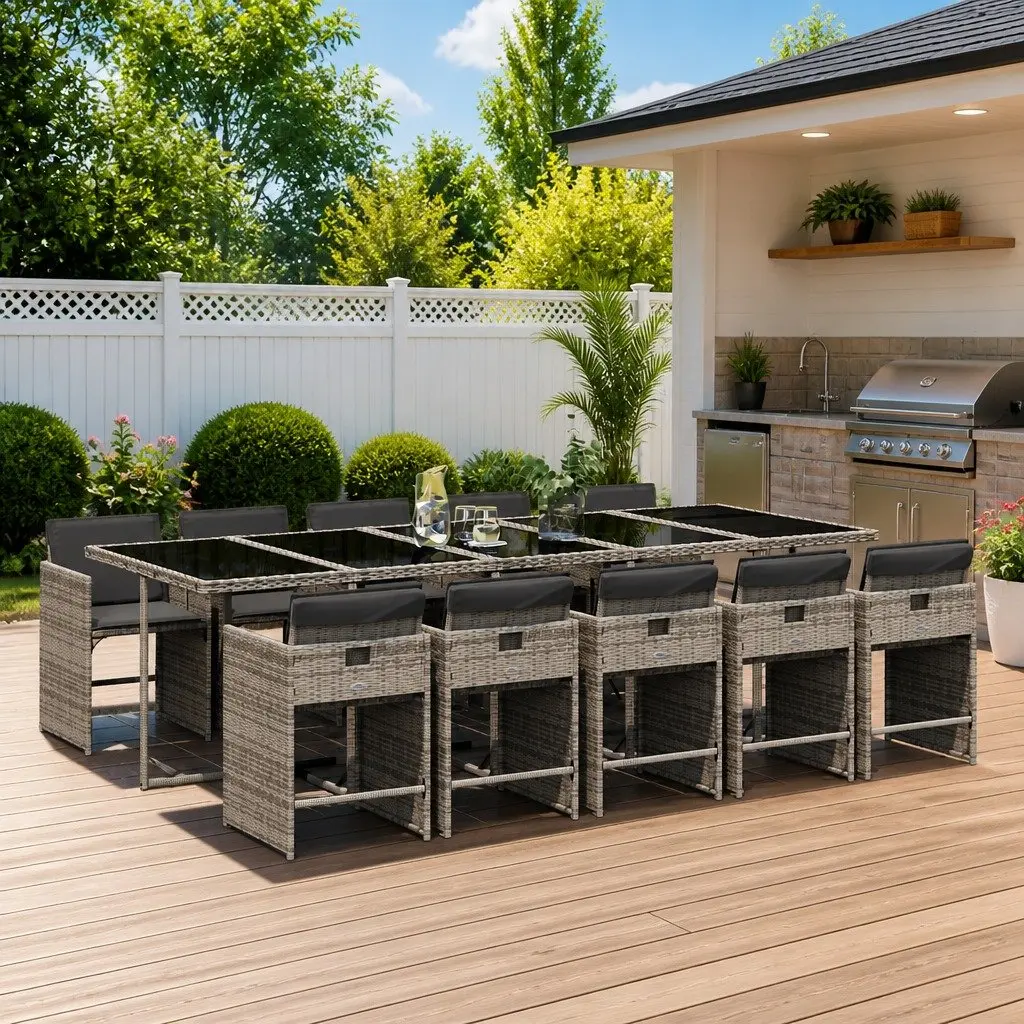 11 Piece Garden Dining Set with Cushions Outdoor Furniture Patio Grey Rattan