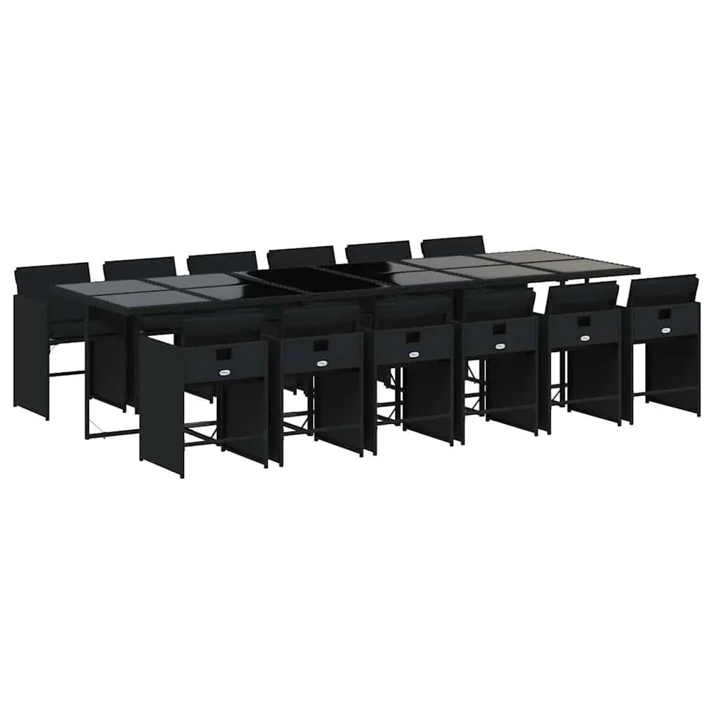 Outdoor Dining Set 13 Piece Black PE Rattan Patio Garden Furniture with Foldable Chairs and Tempered Glass Top