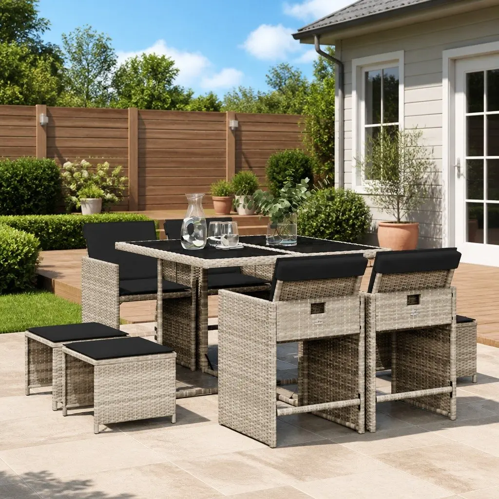 Garden Dining Set 9 Piece PE Rattan Grey Outdoor Furniture Table Chairs Stools