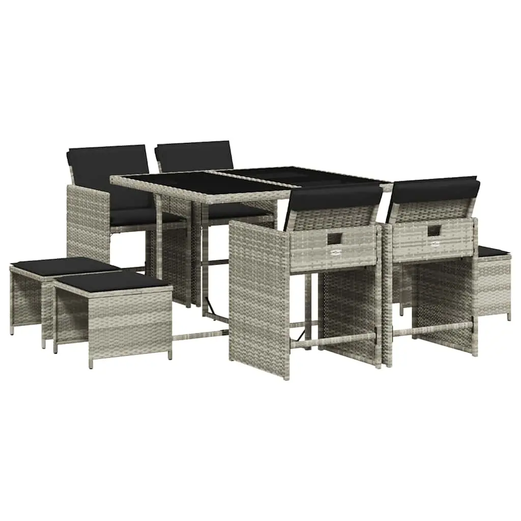 Garden Dining Set 9 Piece PE Rattan Grey Outdoor Furniture Table Chairs Stools