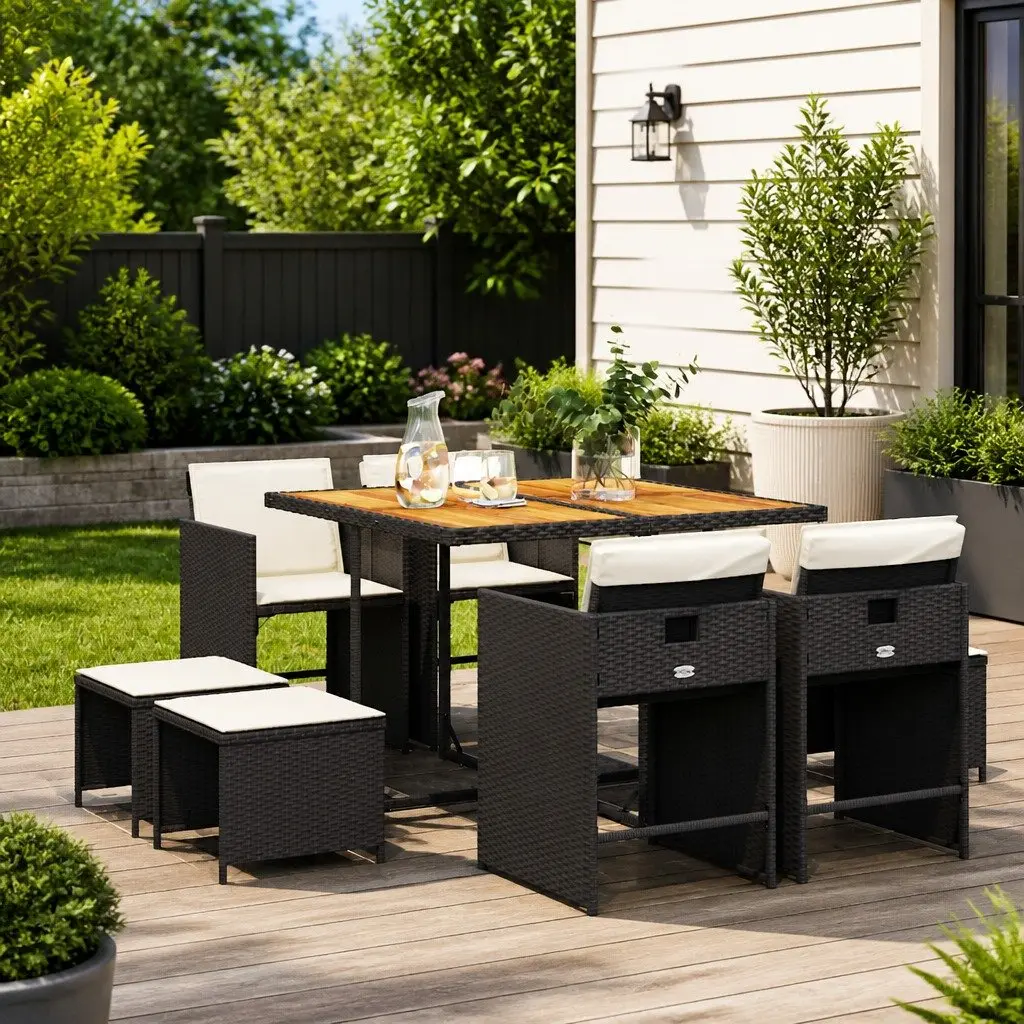 Outdoor Garden Dining Set 9 Piece PE Rattan Chairs Table Cushions Black Patio