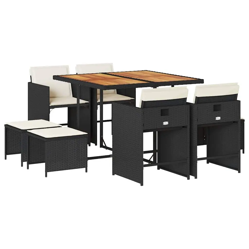 Outdoor Garden Dining Set 9 Piece PE Rattan Chairs Table Cushions Black Patio