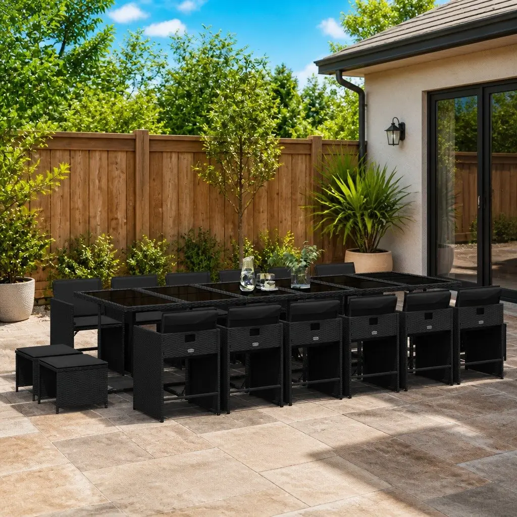 17 Piece Garden Dining Set PE Rattan Outdoor Furniture Black Cushioned Chairs Table