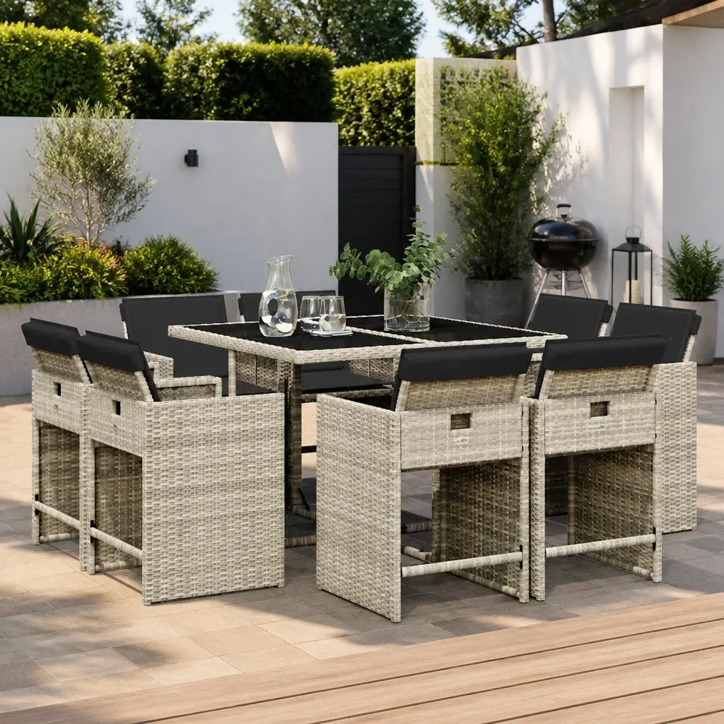 Garden Dining Set 9 Piece Outdoor Furniture Grey Poly Rattan Chairs Table