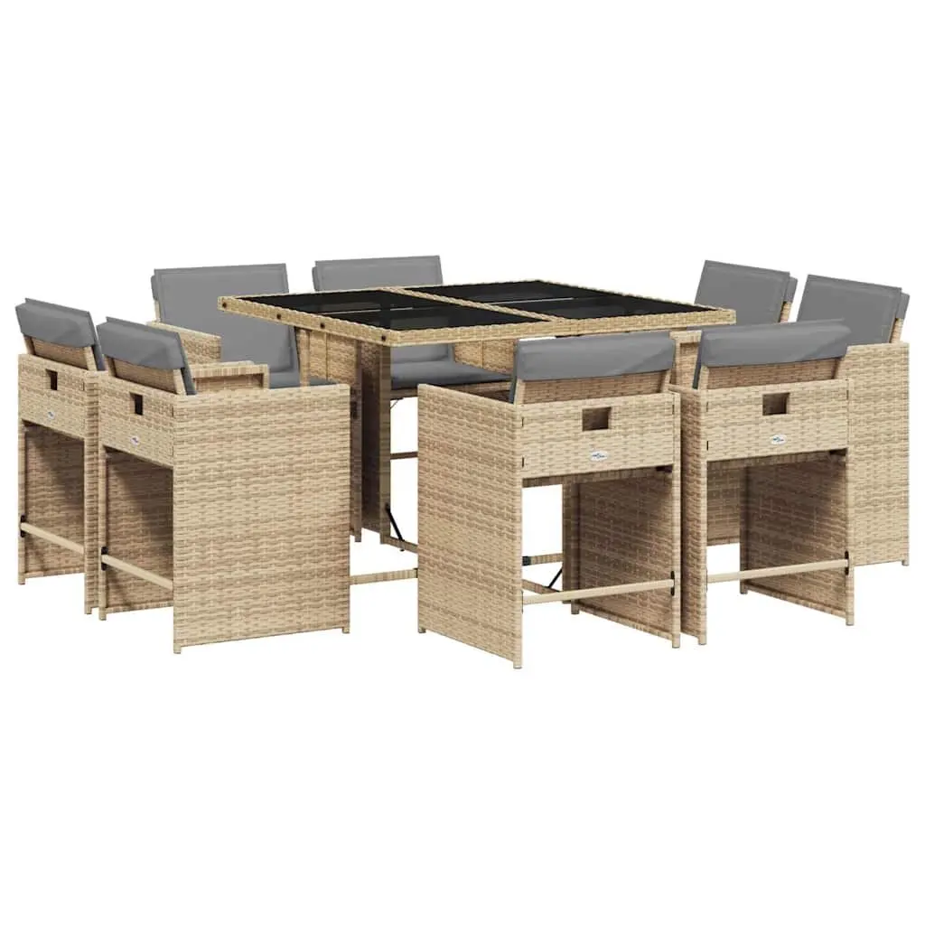 9 Piece Outdoor Dining Set Poly Rattan Beige Cushions Tempered Glass Table