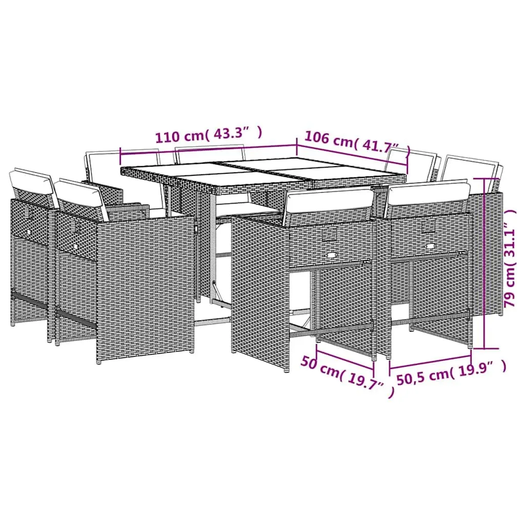 9 Piece Outdoor Dining Set Poly Rattan Beige Cushions Tempered Glass Table