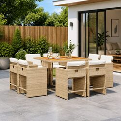 Beige 9 Piece Outdoor Dining Set with Cushions for Easy Storage
