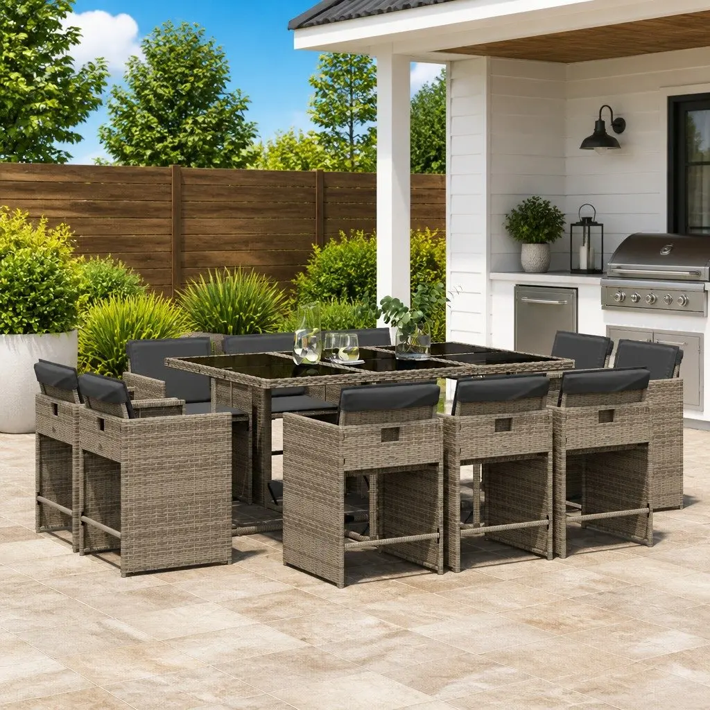 Garden Dining Set 11 Piece Poly Rattan Outdoor Furniture Grey with Cushions