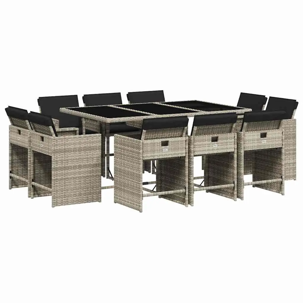 Outdoor Dining Set Grey Poly Rattan 11 Piece Furniture with Folding Chairs and Cushions Tempered Glass Table