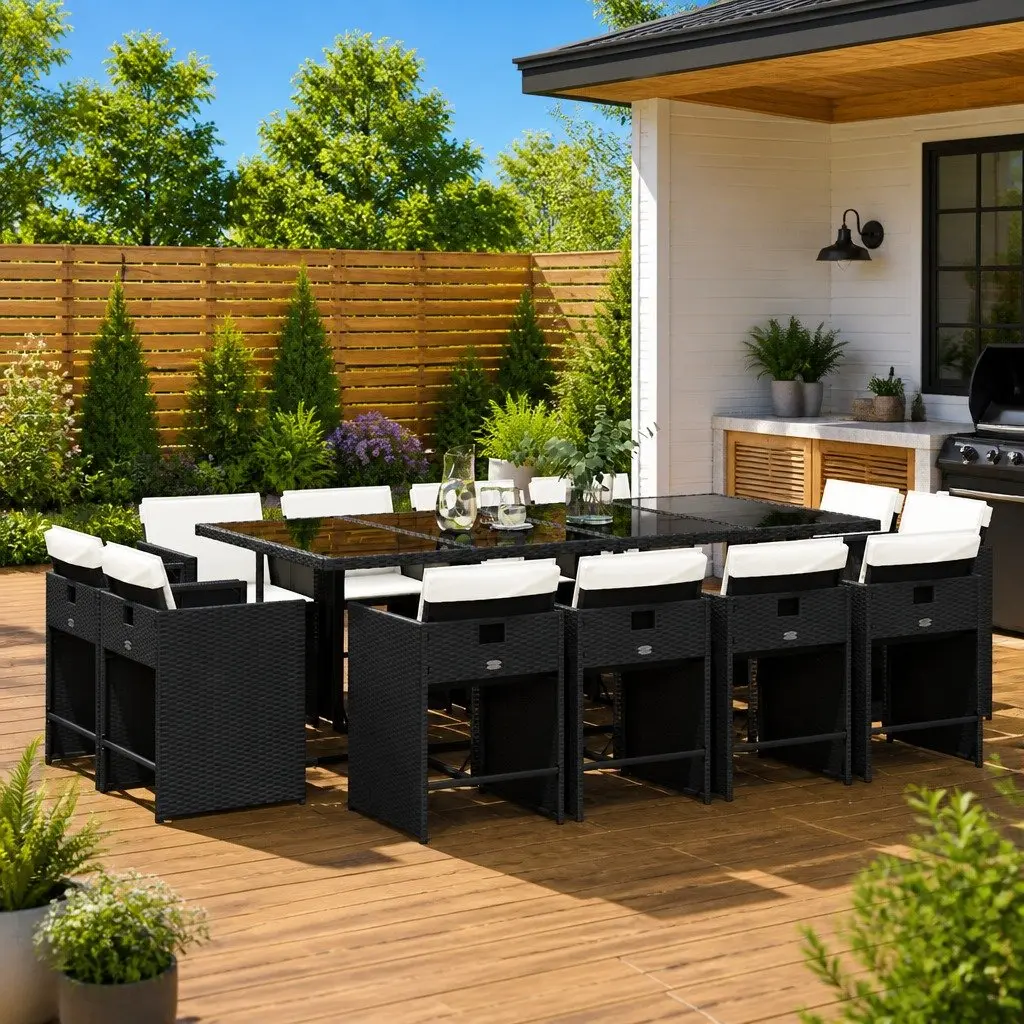13 Piece Outdoor Furniture Set Poly Rattan Dining Set with Cushions Black Tempered Glass Top and Folding Chairs