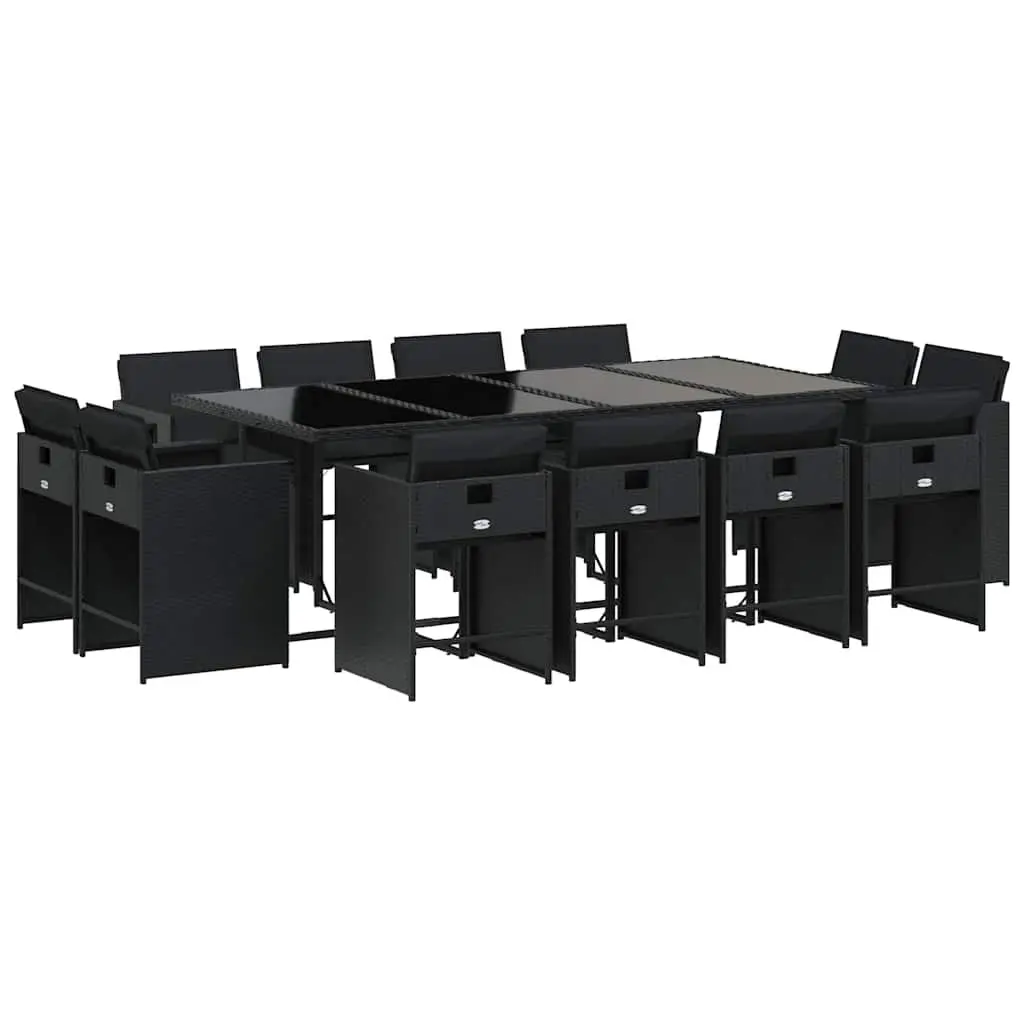 13 Piece Outdoor Dining Set Poly Rattan Black Cushions Tempered Glass Table