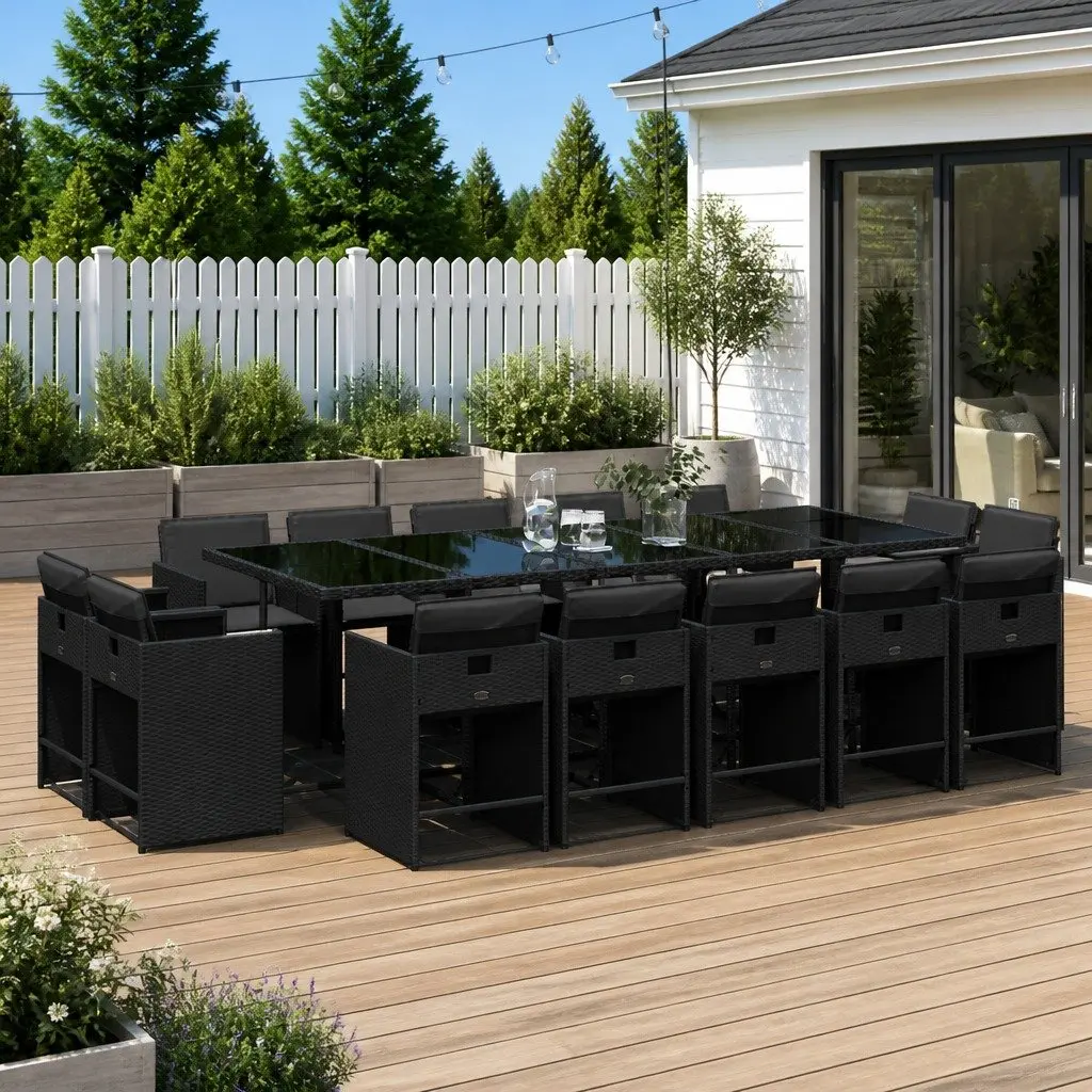 Garden Dining Set 15 Piece PE Rattan Outdoor Furniture Black with Cushions