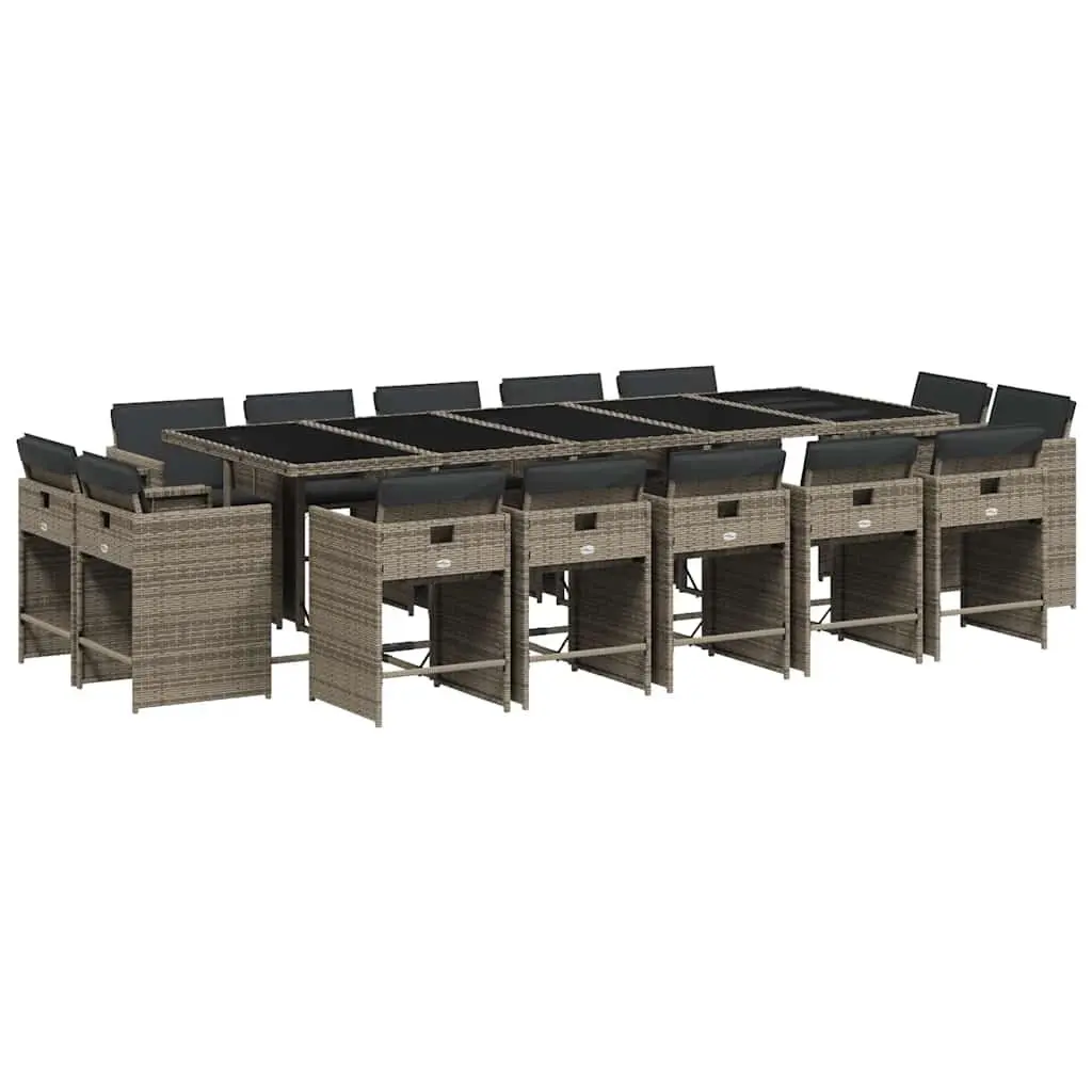 15 Piece Garden Dining Set Grey PE Rattan Chairs Table with Cushions Outdoor Furniture