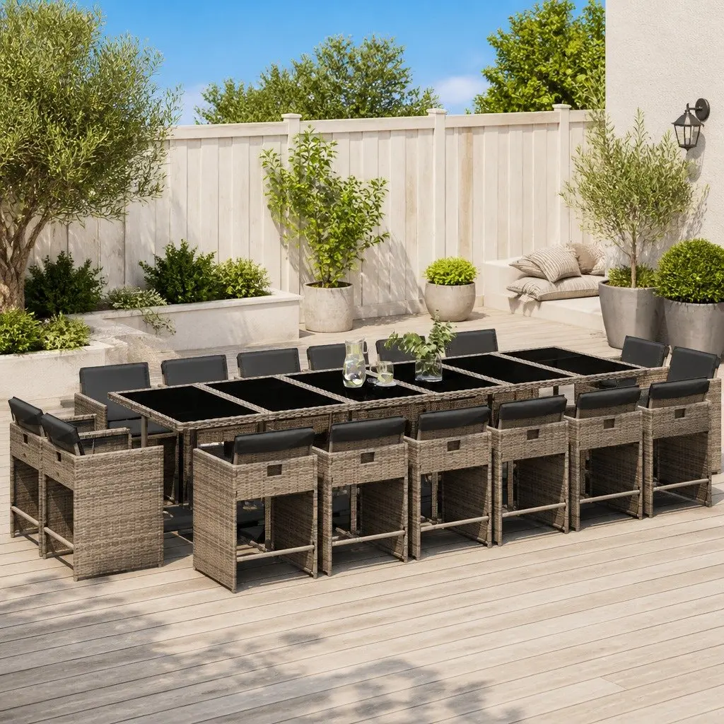 17 Piece Grey Poly Rattan Outdoor Dining Set with Cushioned Chairs and Tempered Glass Table