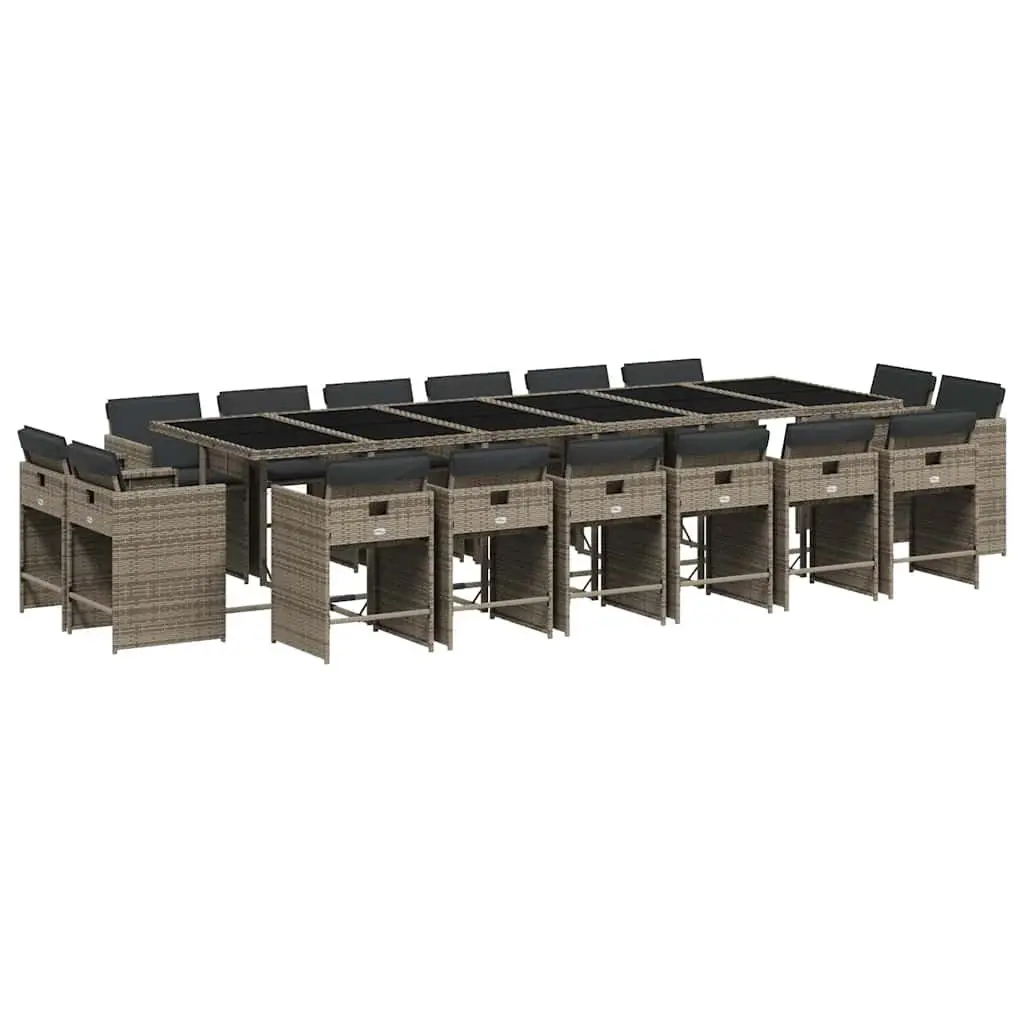 17 Piece Grey Poly Rattan Outdoor Dining Set with Cushioned Chairs and Tempered Glass Table
