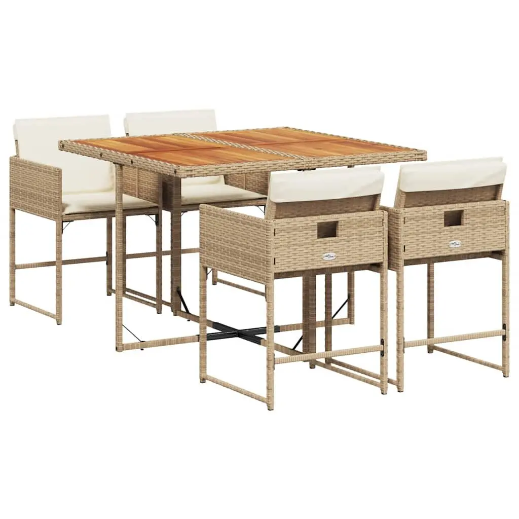 5 Piece Garden Dining Set PE Rattan Beige Outdoor Furniture Acacia Wood Table and Chairs