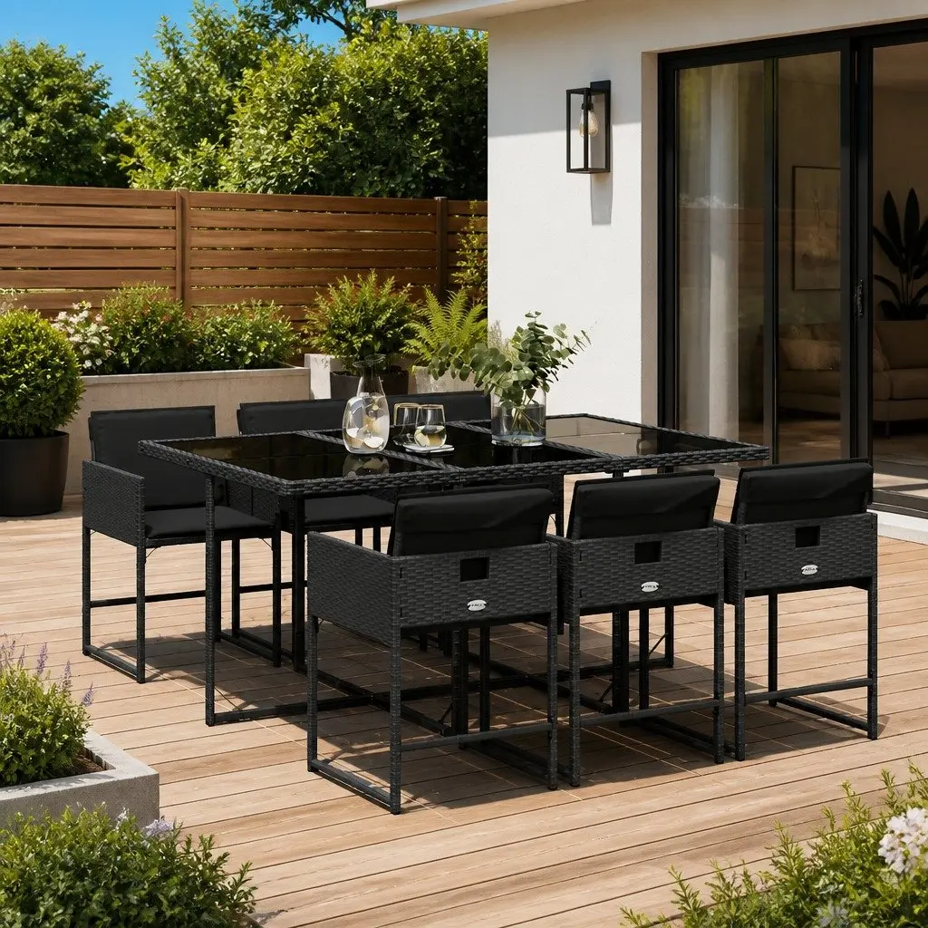 7 Piece Outdoor Garden Dining Set with Cushions Black Poly Rattan Patio